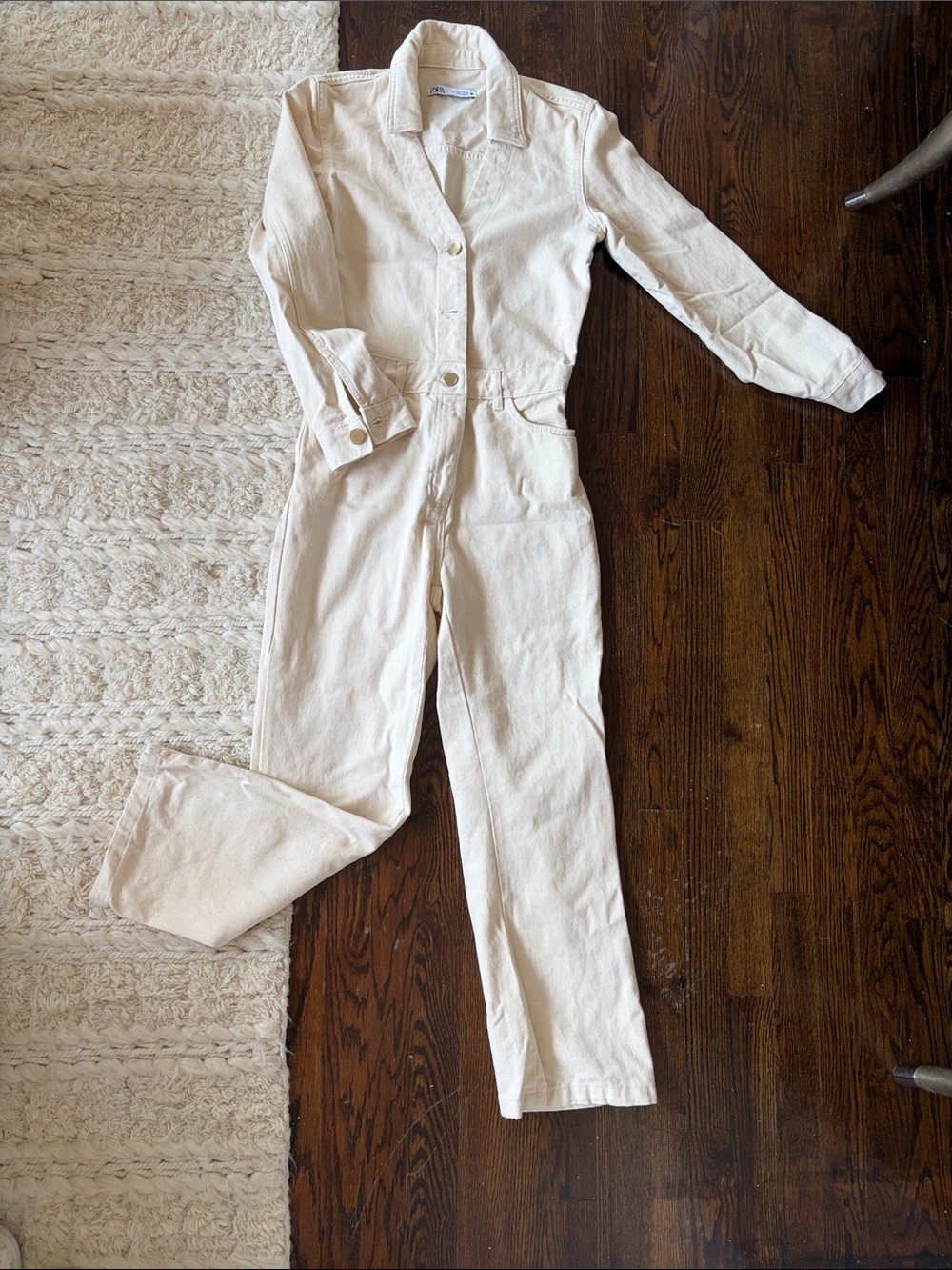 Zara Cream Long-Sleeve Button-Front Jumpsuit